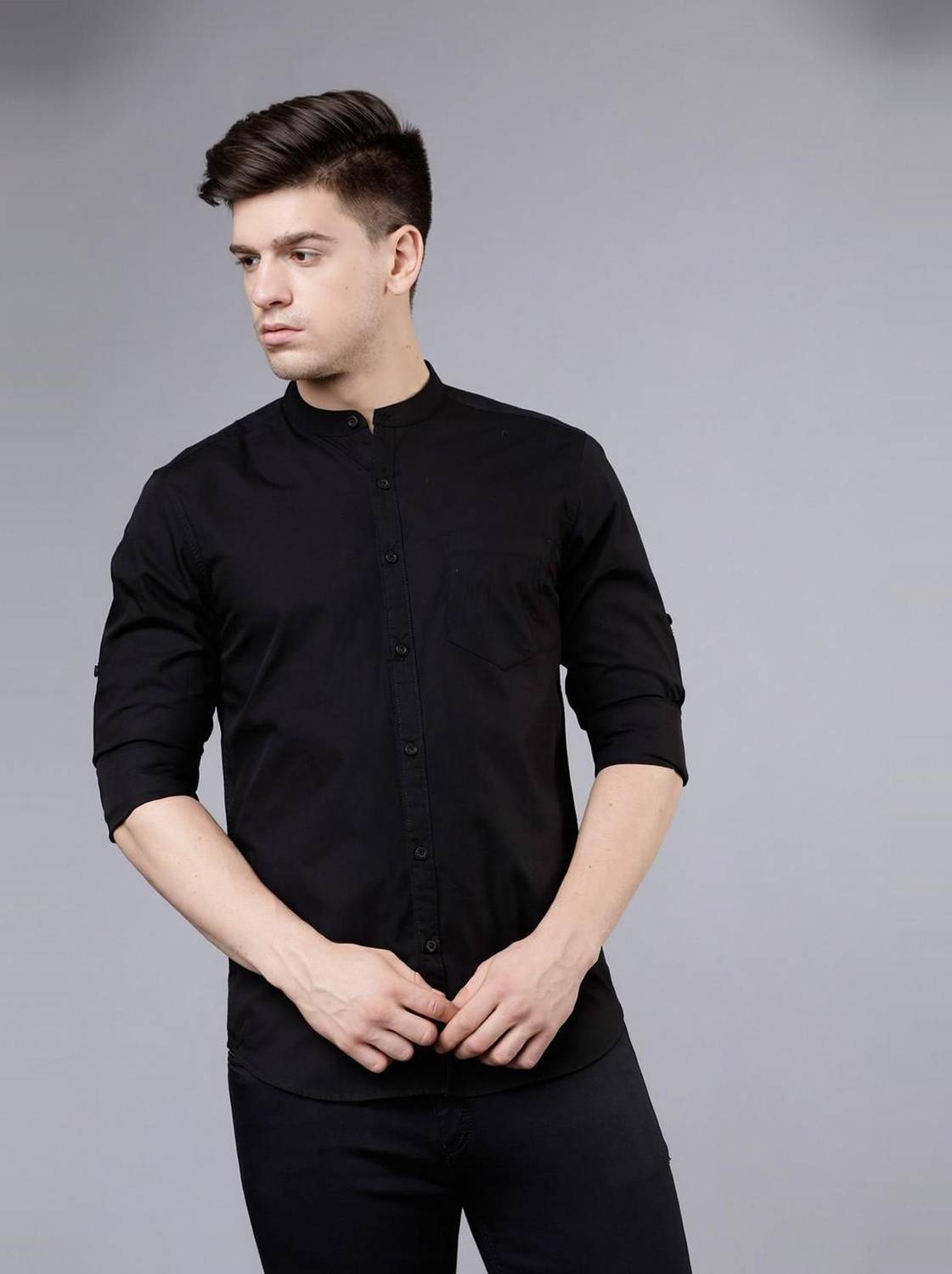 Band Collar Satin Shirt)
